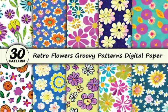 Retro Flowers Groovy Patterns Digital Paper