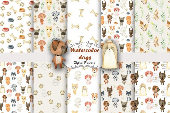 Watercolor Dogs, Seamless Patterns